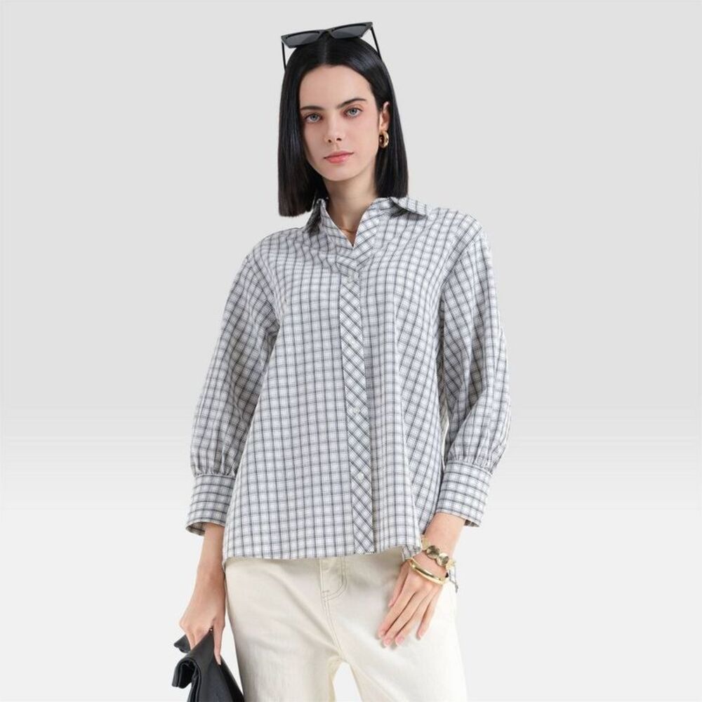 Women's 3/4 Sleeve Collared Neck Shirt - Universal Thread White Plaid S